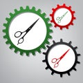 Hair cutting scissors sign. Vector. Three connected gears with i Royalty Free Stock Photo