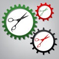 Hair cutting scissors sign. Vector. Three connected gears with i