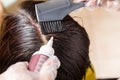 Hair dresser applying chemical hair color dye onto hair roots