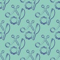 Hair dressing tools vector seamless pattern. Infographic backdrop scribbled sketch with scissors, brush and coronavirus Royalty Free Stock Photo