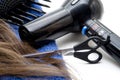 Hair drier with wig and scissors Royalty Free Stock Photo