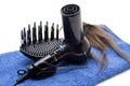 Hair drier with wig and scissors Royalty Free Stock Photo