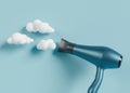 Hair dryer on blue background with white clouds. Professional hair style tool. Realistic hairdryer for hairdresser salon