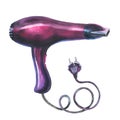 Hair dryer for hairdressers, barbershop, black, pink. Modern design, stylish silhouette. Electrical device, one object