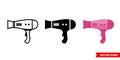 Hair dryer icon of 3 types. Isolated vector sign symbol. Royalty Free Stock Photo