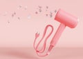 Hair dryer on pink background with flying flowers. Professional hair style tool. Realistic hairdryer for hairdresser