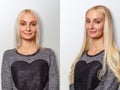 Hair extensions procedure. Hair before and after. Royalty Free Stock Photo