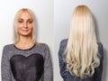 Hair extensions procedure. Hair before and after.