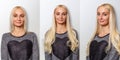 Hair extensions procedure. Hair before and after. Royalty Free Stock Photo