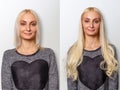Hair extensions procedure. Hair before and after. Royalty Free Stock Photo