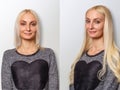 Hair extensions procedure. Hair before and after. Royalty Free Stock Photo