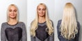 Hair extensions procedure. Hair before and after. Royalty Free Stock Photo