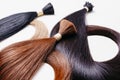 Hair extensions of three colors on a white background. copyspace selective focus Royalty Free Stock Photo