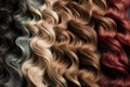 Hair extensions. Top view. Different colored curly wavy hair. Blonde, brunette, red hairstyles. Temporary hairstyle for special