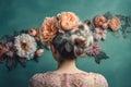 Hair with flowers in elegant updo bridal hairstyle. Generative AI