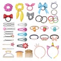 Hair grooming. Girlish plastic accessories clips rubber bands pins recent vector illustrations set isolated