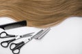 Hair and hairdresser items scissors, comb, clipper on a white background Royalty Free Stock Photo