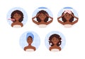 Hair health and care. Afro American Black woman washes her curly hair. Steps.The girl applies foam to her head, a towel. Flat