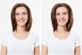 Before after hair lift styling treatmant. Before-after woman Volume hair. Beauty salon care. Short type of haircut. Barber shine Royalty Free Stock Photo