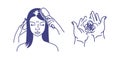 Hair loss. Alopecia. Baldness. A woman is combing her hair. A clump of hair on the palms. Vector illustration