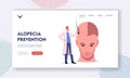 Hair Loss and Receding Landing Page Template. Tiny Doctor Character Holding Follicle Prepare for Hair Transplantation