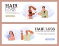 Hair loss web banners set with set balding people, flat vector illustration. Royalty Free Stock Photo