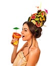 Hair mask from fresh fruits on woman head . Female bare back. Royalty Free Stock Photo