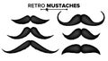 Hair Mustaches Set Vector. Barber Shop. Funny Curly Black Mustache. Isolated On White Illustration