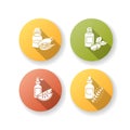 Hair oils flat design long shadow glyph icons set. Natural baobab fruit extract. Ripe kalahari melon slices. Hydrolyzed