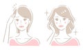 Hair parting thinning woman before after illustration. Beauty hair care concept