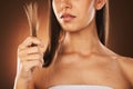 Hair problem, fail and woman stress with damaged hair, split ends or bad haircut. Trichology crisis, hair disaster and Royalty Free Stock Photo
