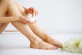 Hair Removal. Close Up Woman Hands Touching Long Legs, Soft Skin Royalty Free Stock Photo