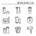 Hair removal methods line icons set. Shaving sugaring laser waxing epilation depilation tweezing.