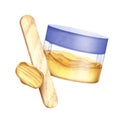 Hair removal with wax. A jar of wax, a wooden spatula and a drop of wax. Sugaring. Watercolor illustration. Beauty and