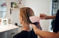 Hair salon, brush and beauty barber employee working on a woman client hairstyle change. Service worker, stylist and Royalty Free Stock Photo