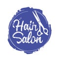 Hair Salon Emblem with Scissors in Grunge Blue Circle, Beauty Service Icon or Logo, Isolated Label for Barbershop