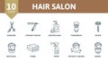 Hair Salon icon set. Collection contain scissors, straight razor, foam brush, mustache and over icons. Hair Salon elements set