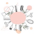 Hair salon logo, barber tools around a pink oval.