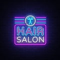 Hair Salon sign vector design template. Hairdress neon logo, light banner design element colorful modern design trend