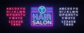 Hair Salon sign vector design template. Hairdress neon logo, light banner design element colorful modern design trend