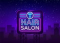 Hair Salon sign vector design template. Hairdress neon logo, light banner design element colorful modern design trend