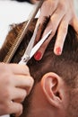 Hair scissors, customer and hairdresser hands cutting hairstyle, grooming and cleaning in studio salon. Hairdressing Royalty Free Stock Photo