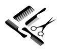 A hair scissors and four combs.