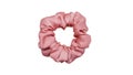 Hair scrunchie in pink color made out of silk satin fabric with white background