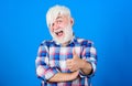 Hair State Of Mind. mature bearded man in white wig. Hairloss concept. health care. happy old granpa. grandfather on Royalty Free Stock Photo