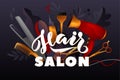 Hair Style. Colorful hairdresser decorative illustration with beauty haircut accessories and equipment with big white letters.