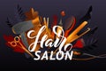 Hair Style. Colorful hairdresser decorative illustration with beauty haircut accessories and equipment with big white letters.