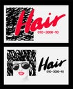 Hair stylist business cards with the head of a young woman with doodle hair.