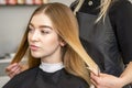 Hair stylist& x27;s hands doing professional hairstyling of female long hair in a beauty salon.