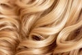 Hair texture background closeup. Blond brown color natural curls, fashion hairstyle. Generative AI